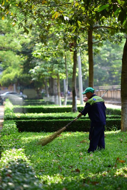 A person wearing black shoes and dark pants is performing garden maintenance by sweeping a mixture of leaves, small twigs, and debris from a gravel pathway using a green leaf rake. The rake is tilted against the ground as the individual clears the area, which features a border of soil and gravel with some scattered plant matter. In the background, there is a stone wall and some green foliage, indicating a well-maintained outdoor garden space. The scene is illuminated by natural daylight, emphasizing the textures of the wet soil, dry leaves, and the rake's synthetic bristles. This image illustrates the kind of tidy-up work involved in outdoor landscaping, which Gardeners Hampstead specializes in, particularly in maintaining the neat appearance of garden beds and pathways along Pond Street and South End Green.